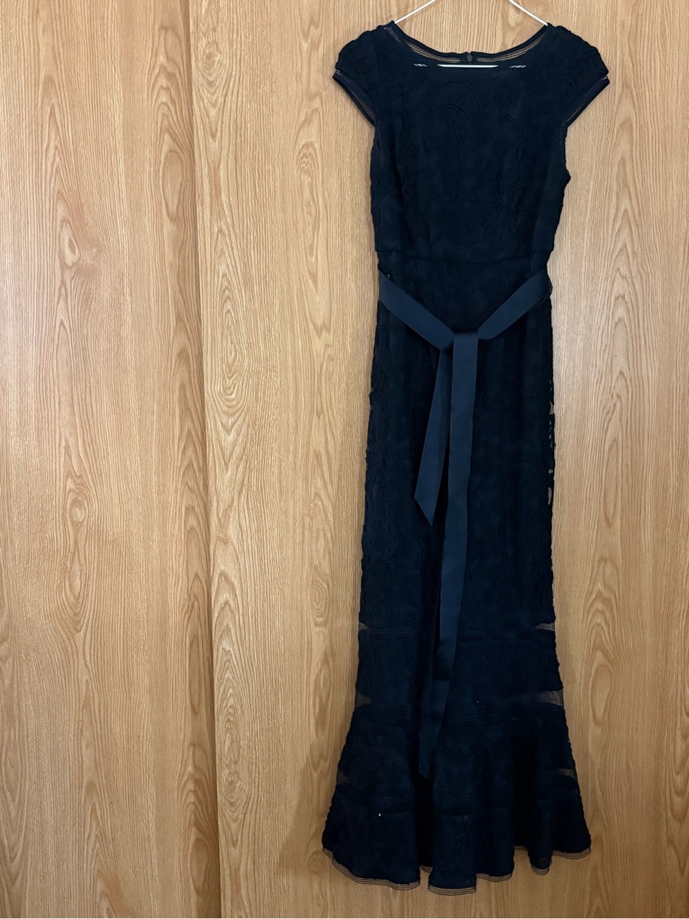 Adrianna Papell Navy Blue Lace Maxi Dress with Waist Sash